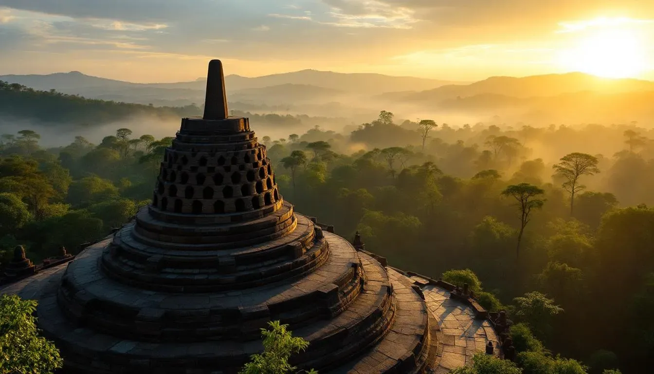 Borobudur temple stupas at sunrise with Mount Merapi in the distance